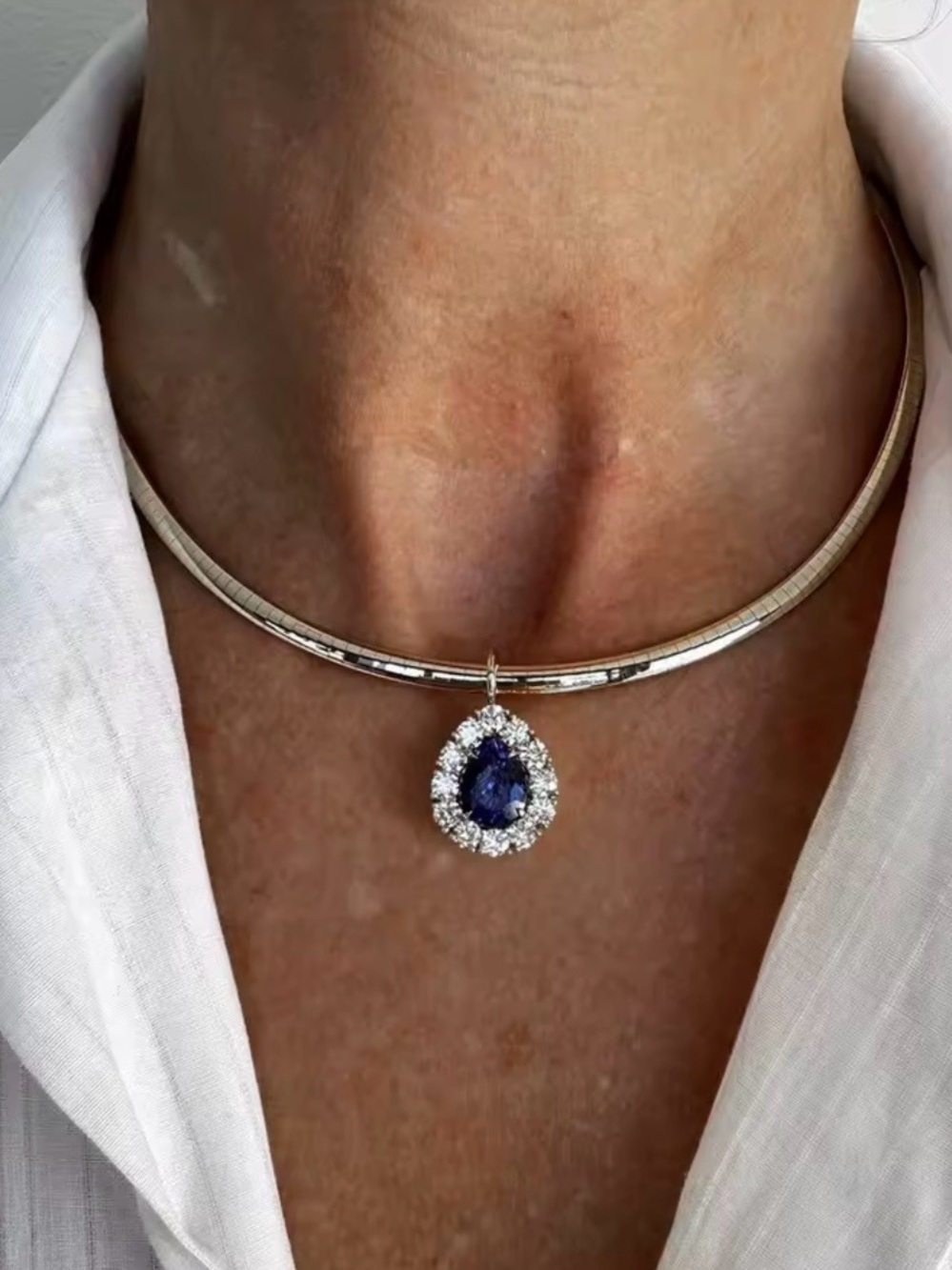 Sterling Silver Choker with Sapphire Blue Teardrop Pendant